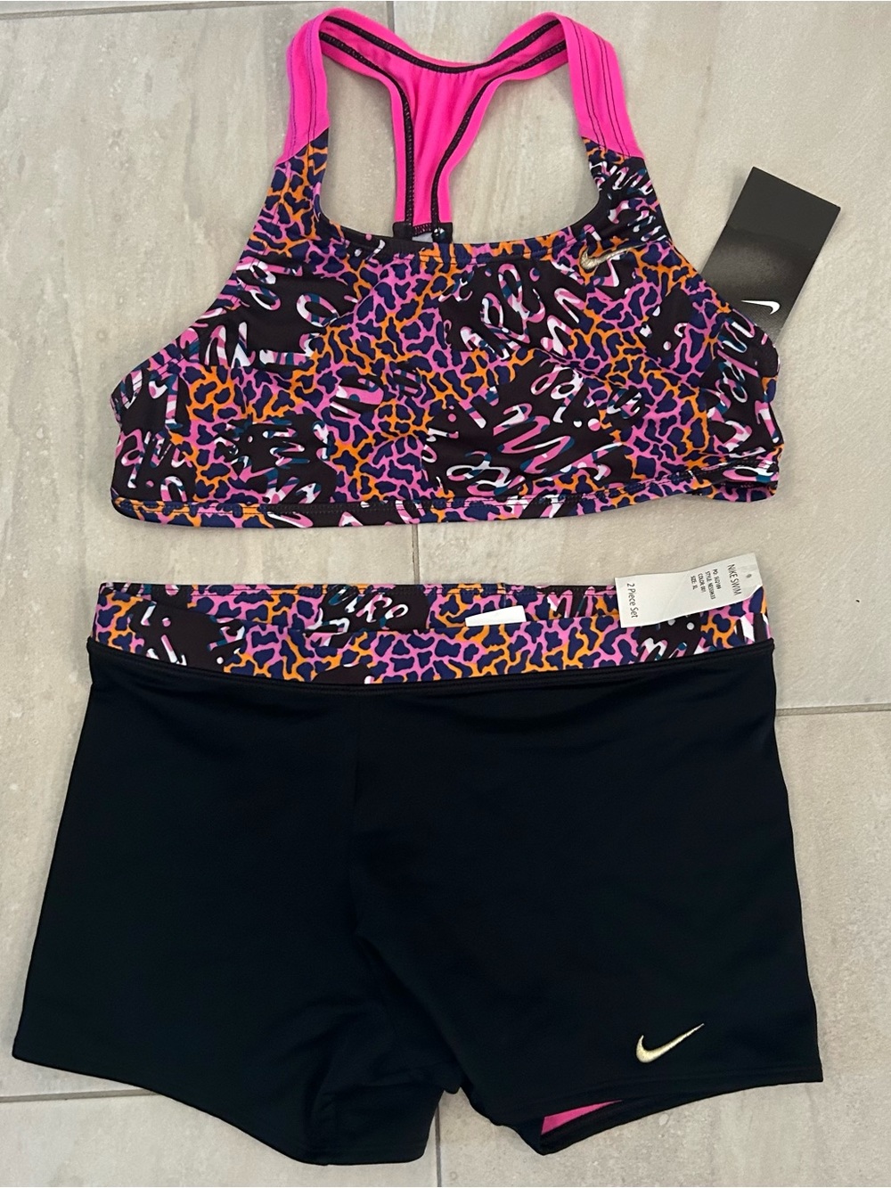 Nike Girls 2pc Bathing Suit - Black Shorts with Pink & Purple Leopard-Print